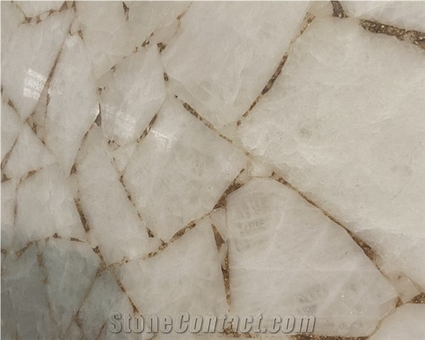 Natural White Crystal Quartz With Gold Leaf Semiprecious Stone Slabs