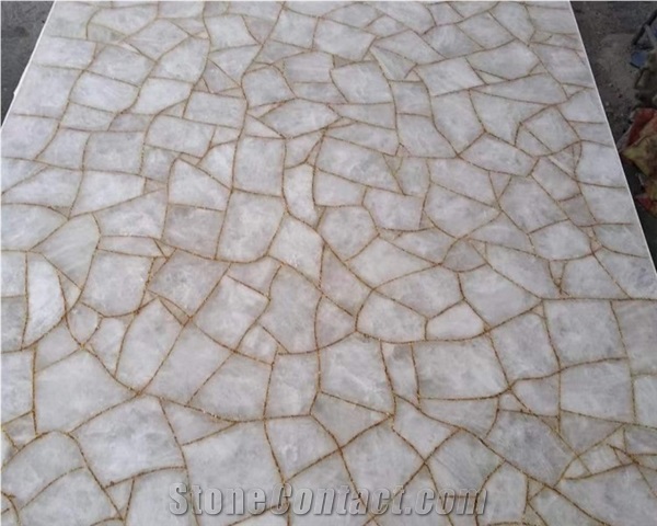 Natural White Crystal Quartz With Gold Leaf Semiprecious Stone Slabs