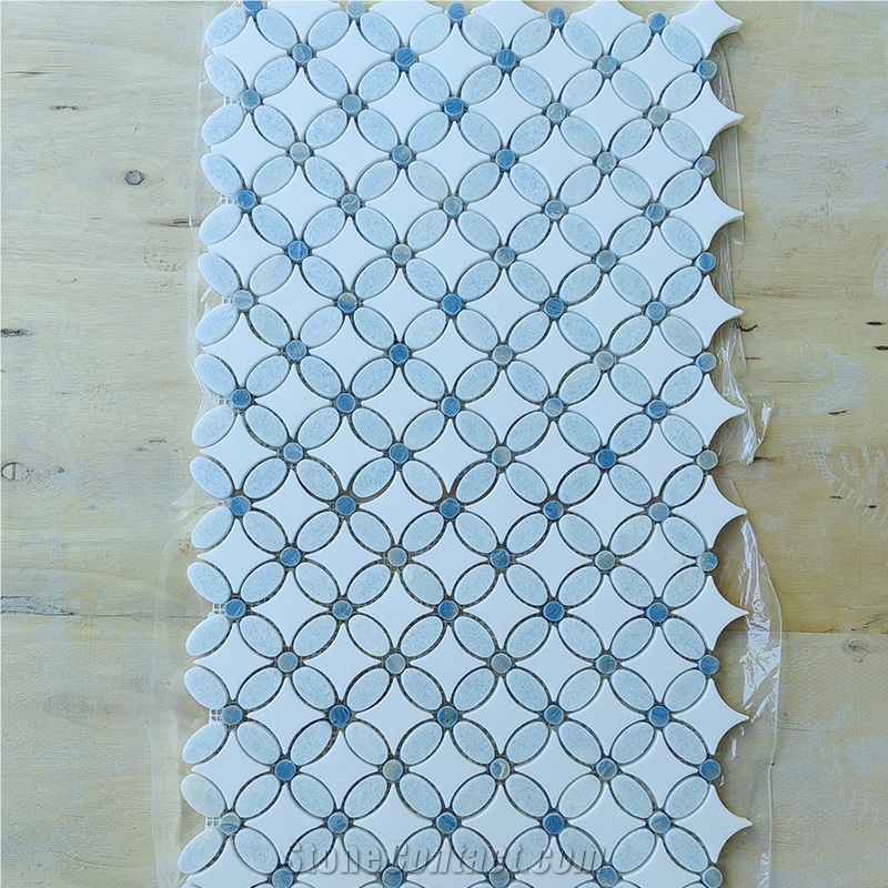Azul Macaubas Blue Celeste Flower Shape Mosaic Tiles