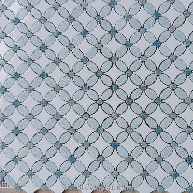 Azul Macaubas Blue Celeste Flower Shape Mosaic Tiles