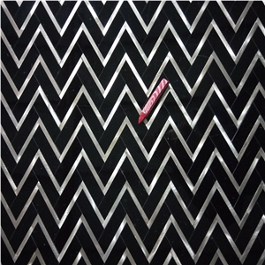 Nero Marquina Black Marble With Metal Herringbone Mosaics