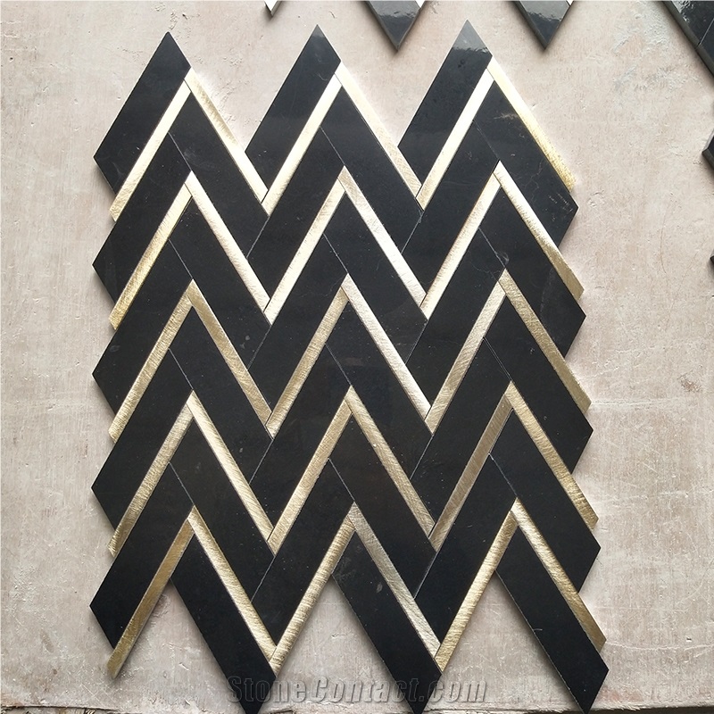Nero Marquina Black Marble With Metal Herringbone Mosaics