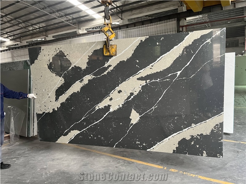 Black Engineered Marble Look Quartz Slab Supplier From China