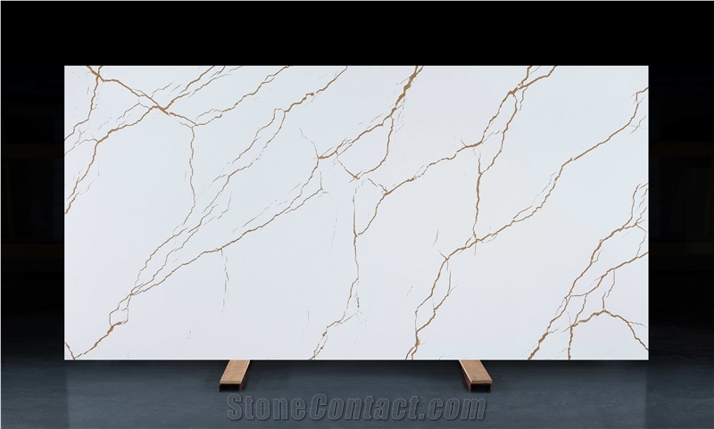 Calacatta Series Quartz Stone Slab With Gold Veins