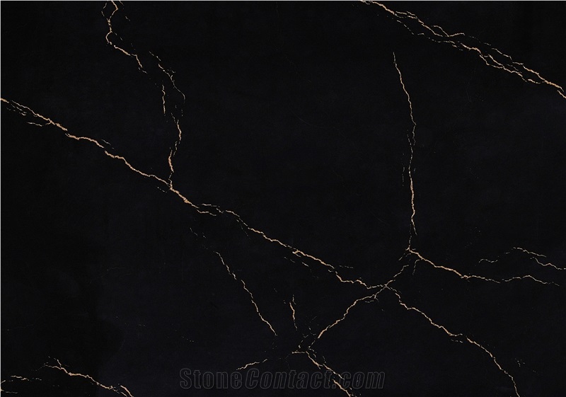 Manmade Stone Slab With Gold Veins Black Quartz Tiles