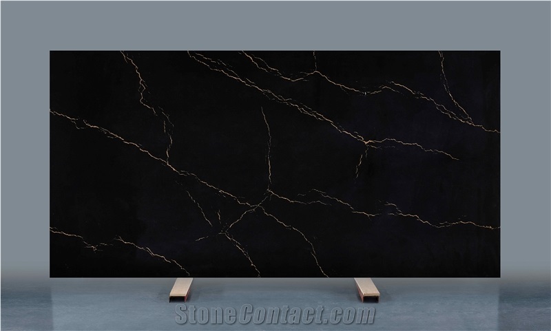 Manmade Stone Slab With Gold Veins Black Quartz Tiles