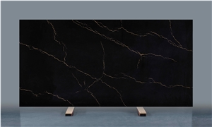 Manmade Stone Slab With Gold Veins Black Quartz Tiles