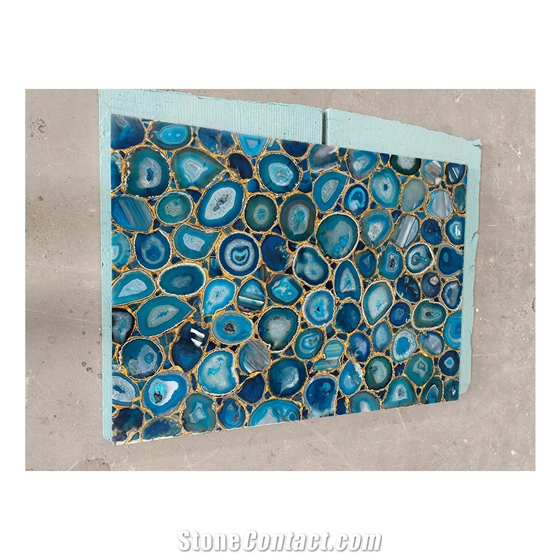 Blue Agate With Gold Foil Onyx Gemstone Wall Panels