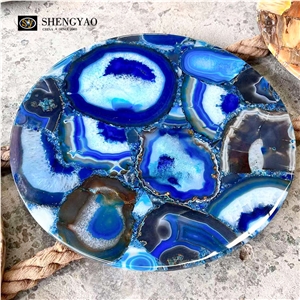 Blue Natural Round Semiprecious Agate Stone Table Top Blue Natural Round Semiprecious Agate Stone Table Top