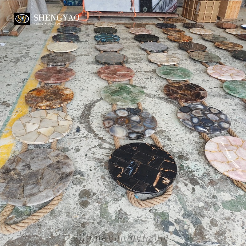 Blue Natural Round Semiprecious Agate Stone Table Top