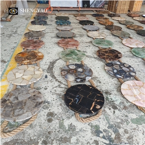 Blue Natural Round Semiprecious Agate Stone Table Top
