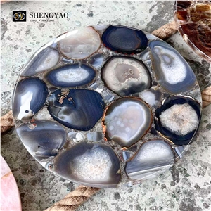Blue Natural Round Semiprecious Agate Stone Table Top