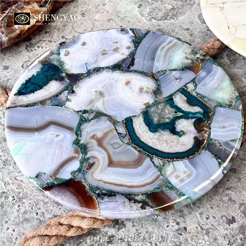 Blue Natural Round Semiprecious Agate Stone Table Top