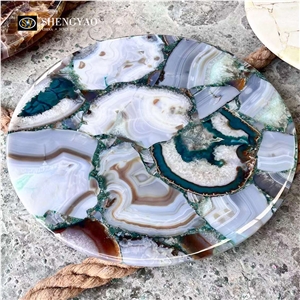 Blue Natural Round Semiprecious Agate Stone Table Top