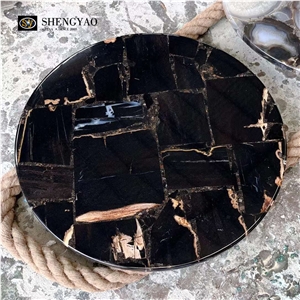 Custom Round Black Petrified Wood Fossil Table Top