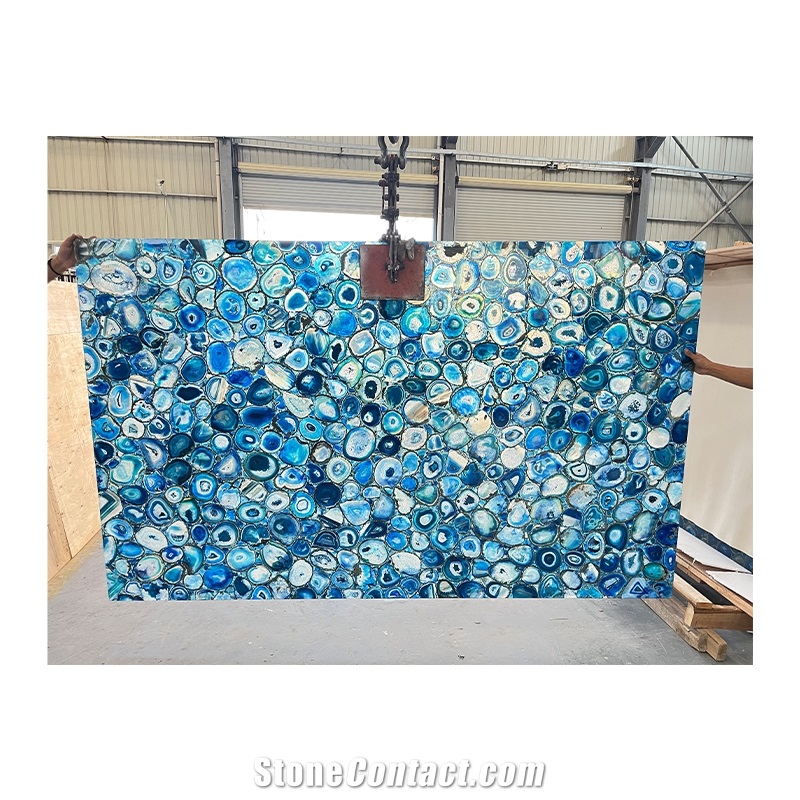 Natural Backlit Gemstone Blue Agate Stone Wall Panel