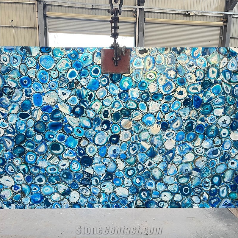 Natural Backlit Gemstone Blue Agate Stone Wall Panel