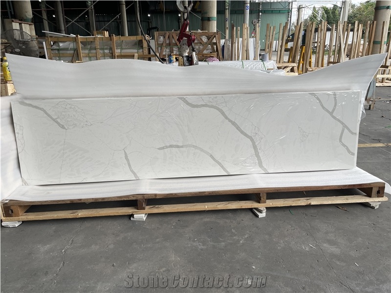 Vietnam Kitchen White Calacatta Quartz Prefab Countertop