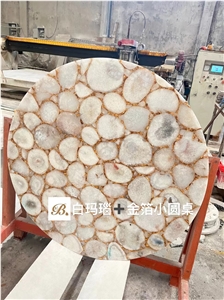 Nature White Agate With Gold Side Round Table Top