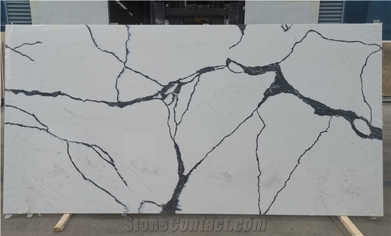 White Calacatta Marble Textured Quartz Slabs