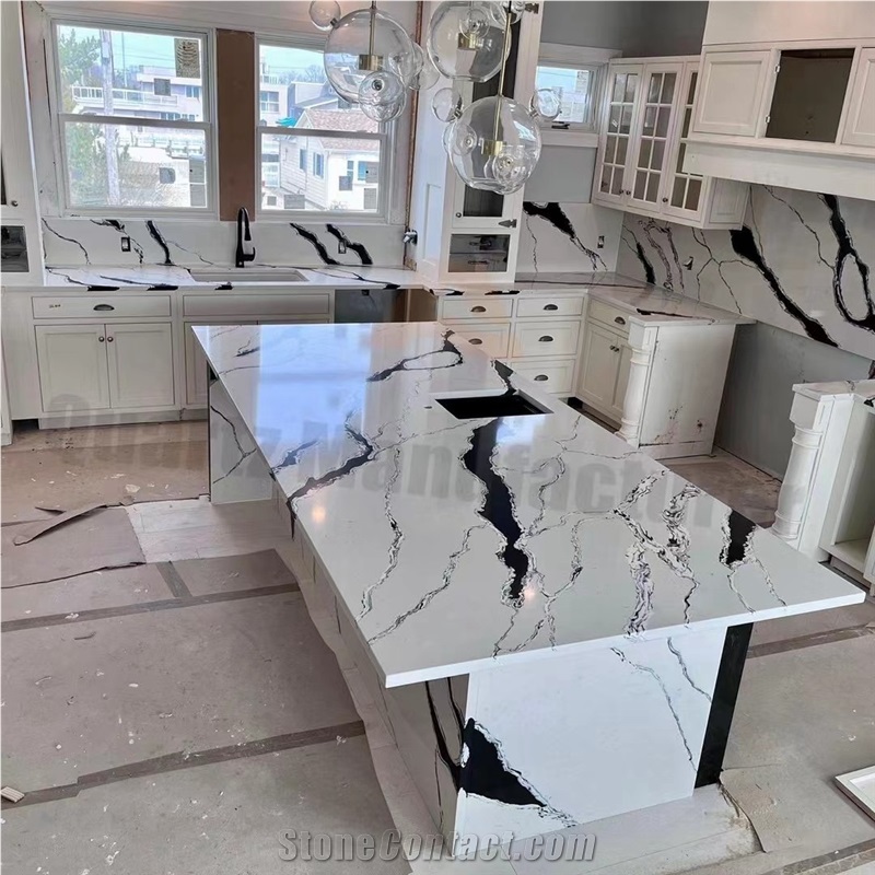 White Marble Look Panda Quartz Slabs