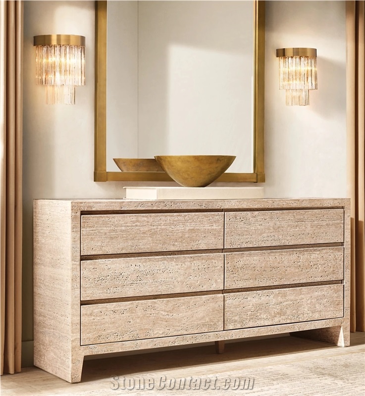Wyeth Travertine Side Table With 6 Drawer Dresser