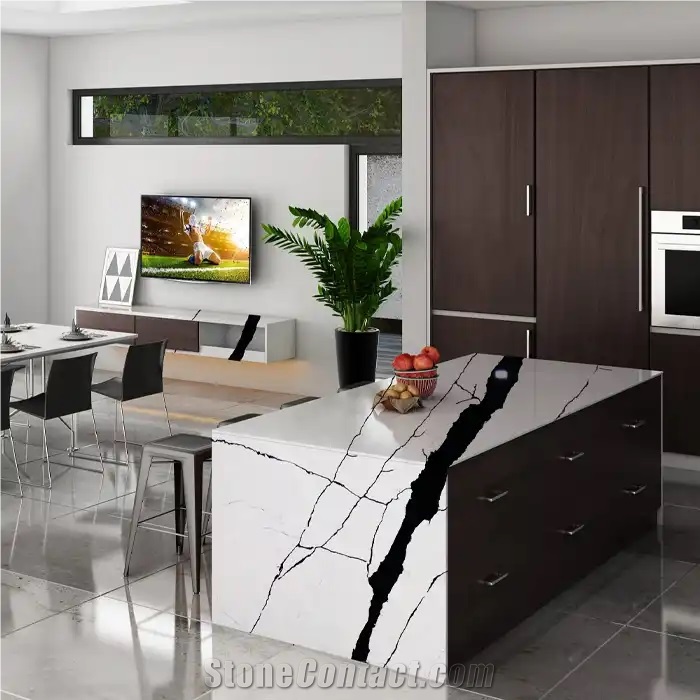 Artificial Black Calacatta Printed Stone Quartz Slabs