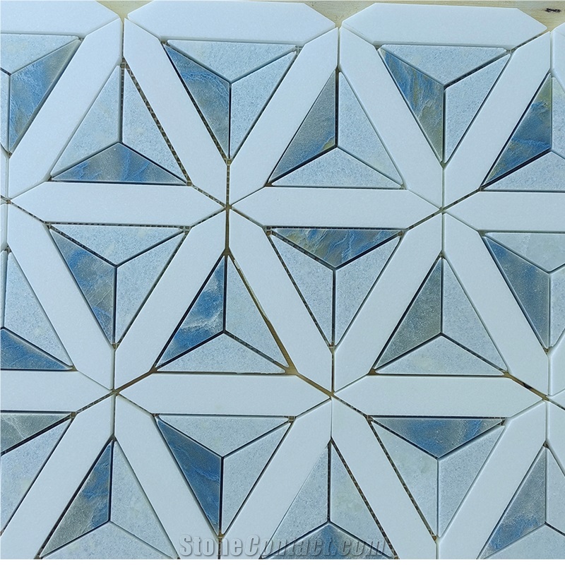 Azul Macaubas + White Marble Quartzite Mosaic Tiles