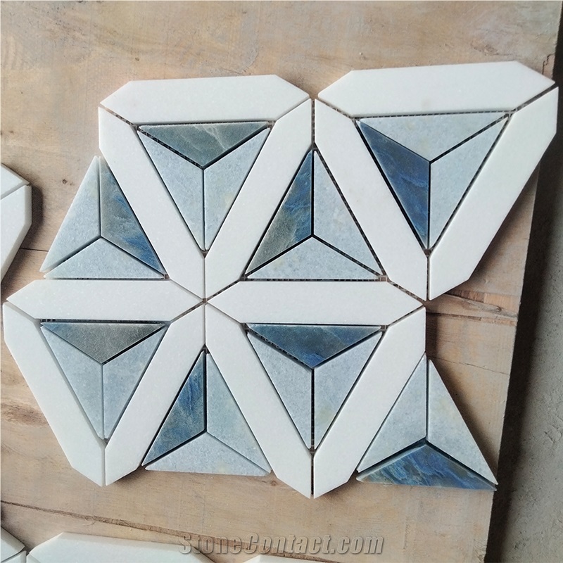 Azul Macaubas + White Marble Quartzite Mosaic Tiles