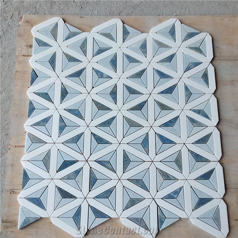 Azul Macaubas + White Marble Quartzite Mosaic Tiles
