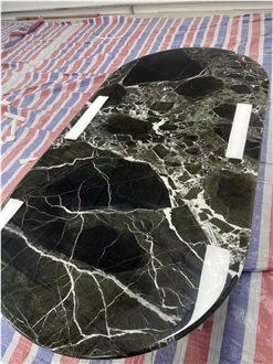 Oval Design Dark Green Marble Table Top For Restaurant Decor