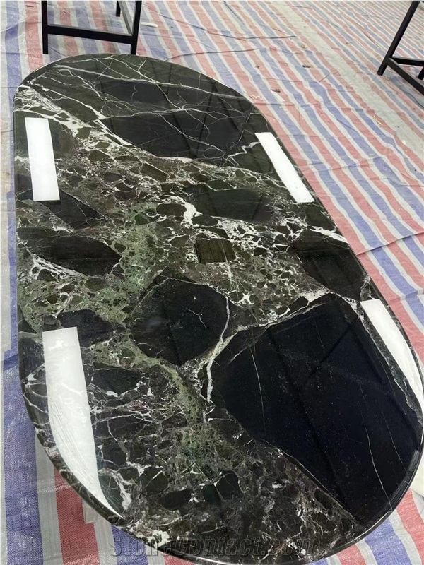 Oval Design Dark Green Marble Table Top For Restaurant Decor