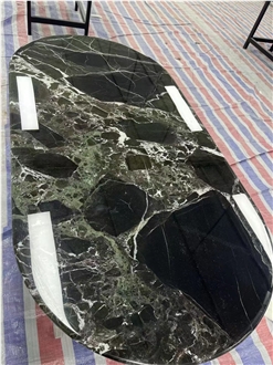 Oval Design Dark Green Marble Table Top For Restaurant Decor