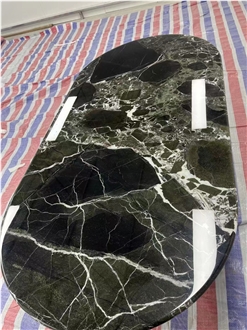 Oval Design Dark Green Marble Table Top For Restaurant Decor