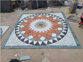 Spa White Quartzite Square Floor Mosaic Medallions