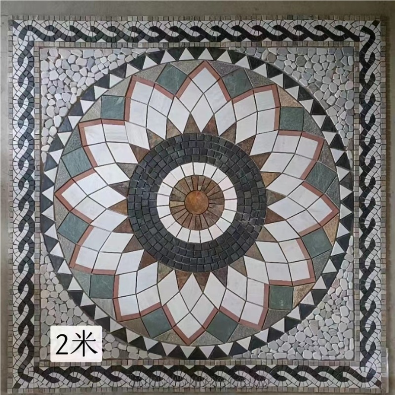 Tumbled Marble Mosaic Floor Medallion For Courtyard Decor