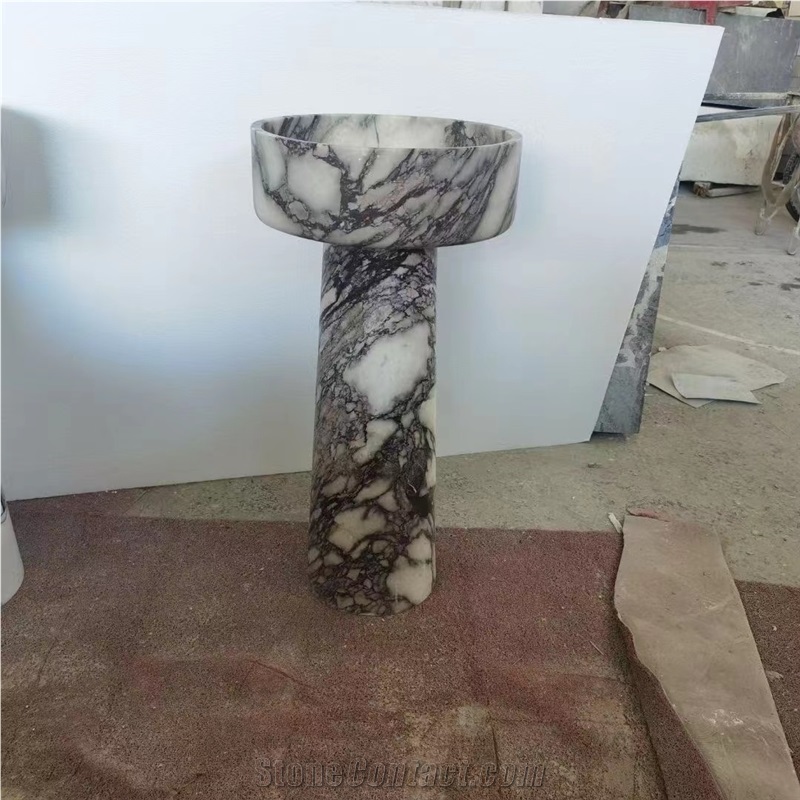 White Marble Milas Lilac Pedestal Round Basin For Bathroom