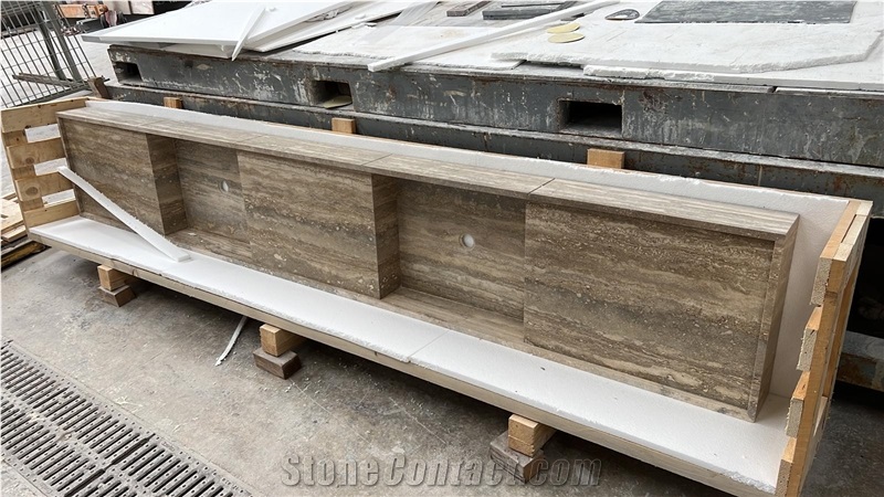 Italian Silver Travertine Double Sink Bathroom Countertop