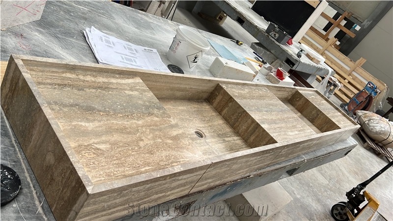 Italian Silver Travertine Double Sink Bathroom Countertop