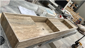 Italian Silver Travertine Double Sink Bathroom Countertop