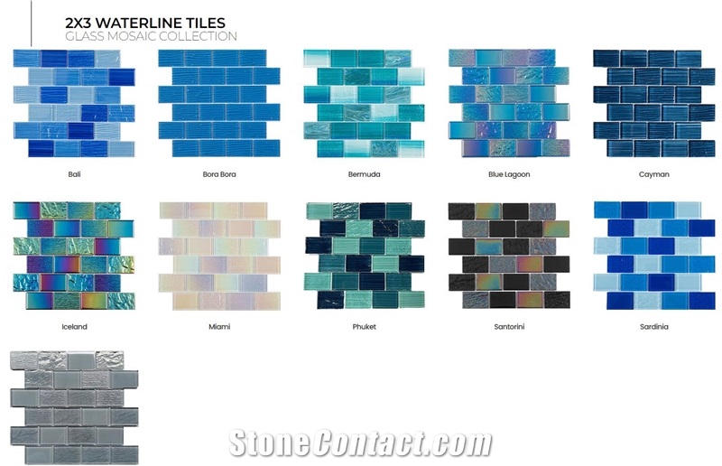 1/2 Waterline Tiles - Fiji Subway Glass Mosaic Collection