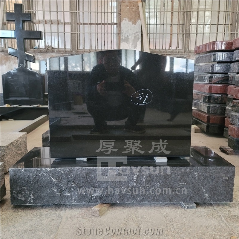 Indian Black Granite Serp Top Headstone With Base