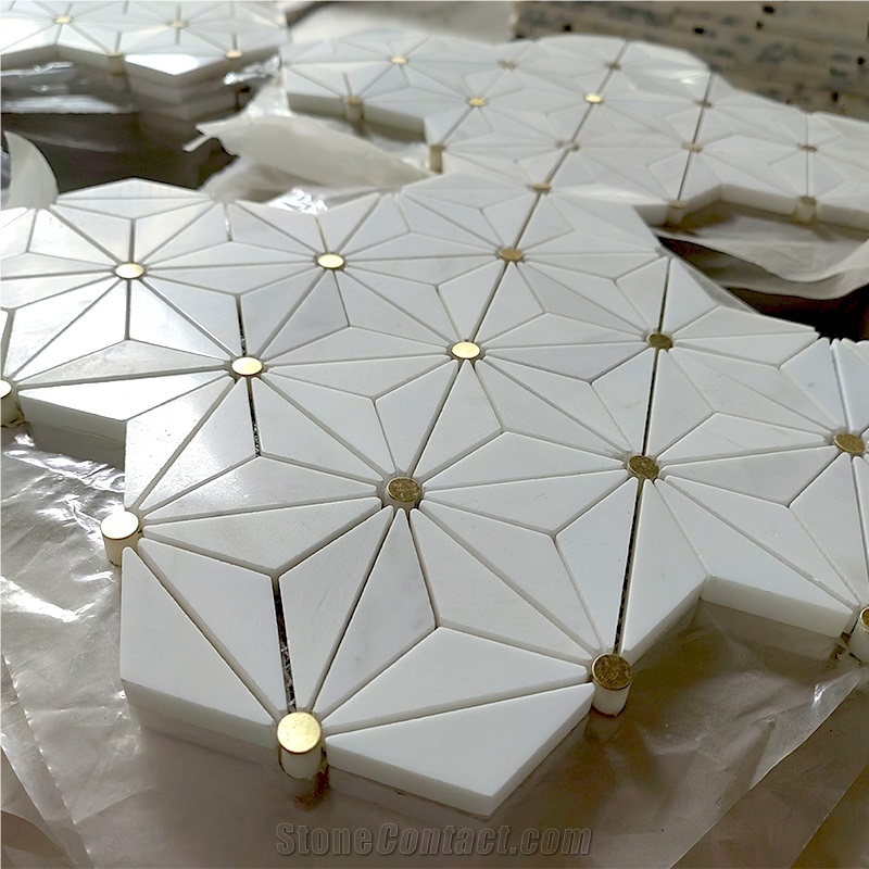 Dolomite White Marble And Brass Backsplash Wall Mosaic Tile