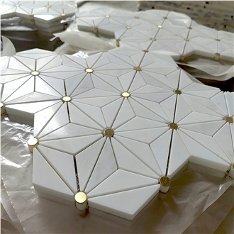 Dolomite White Marble And Brass Backsplash Wall Mosaic Tile