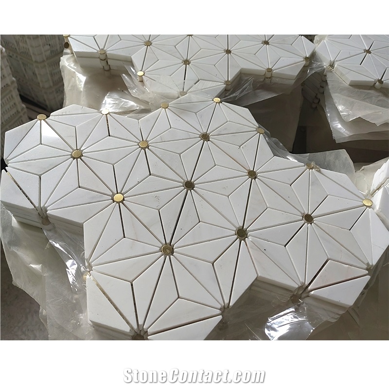 Dolomite White Marble And Brass Backsplash Wall Mosaic Tile