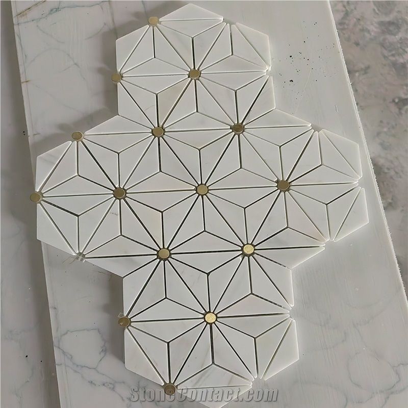 Dolomite White Marble And Brass Backsplash Wall Mosaic Tile