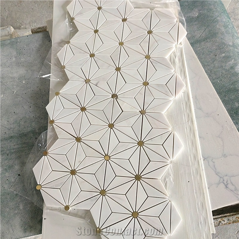 Dolomite White Marble And Brass Backsplash Wall Mosaic Tile