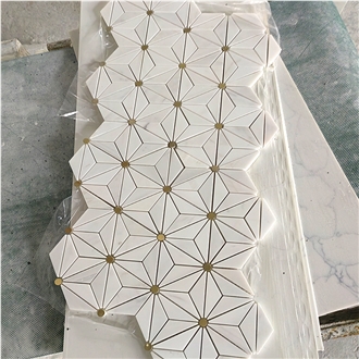 Dolomite White Marble And Brass Backsplash Wall Mosaic Tile
