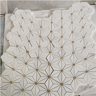 Dolomite White Marble And Brass Backsplash Wall Mosaic Tile