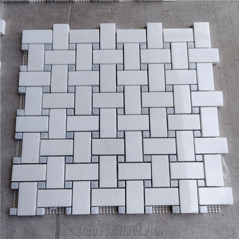 Thassos And Blue Celeste Basket Weave Mosaic Wall Tiles